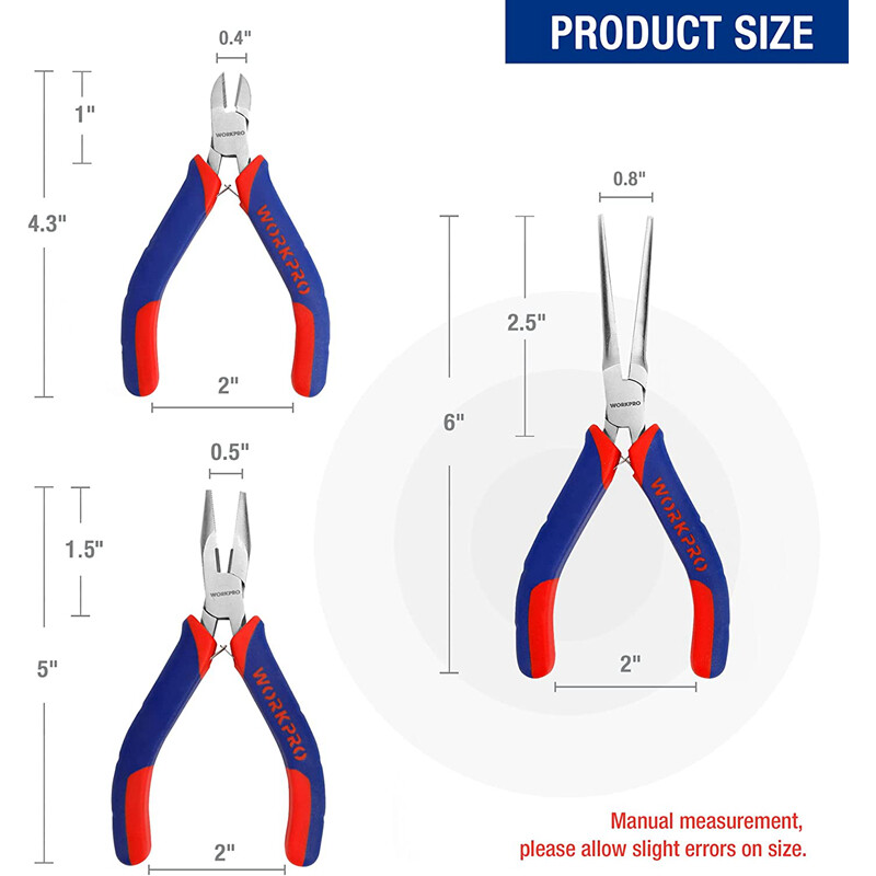 WORKPRO Mini Pliers Set 3-Piece Small Pliers Tool Kit Includes 4” Diagonal Plier