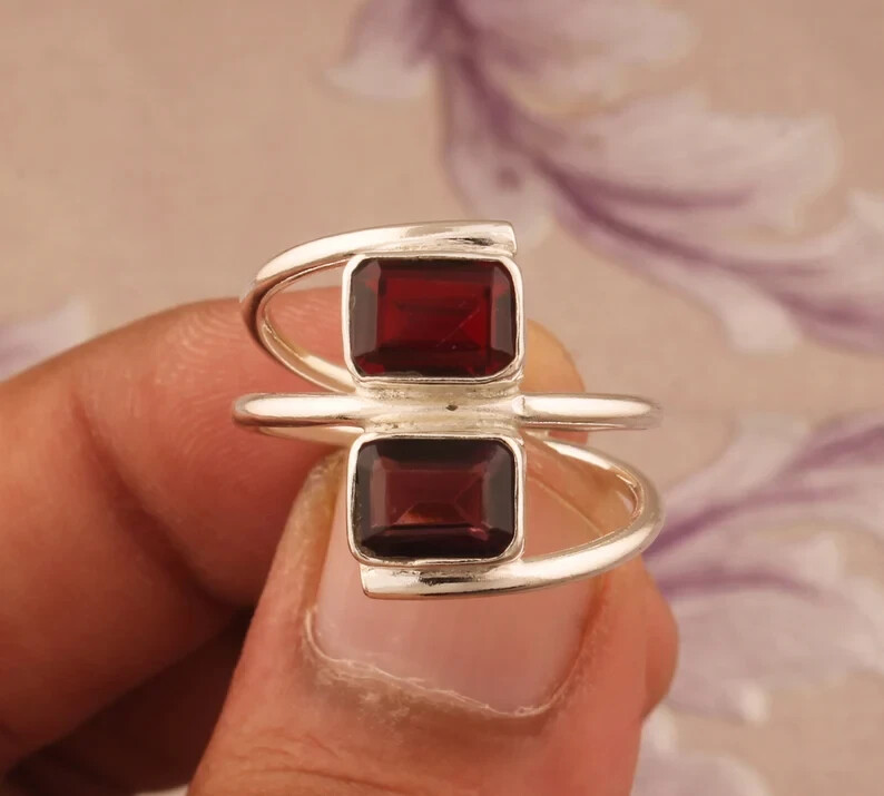 Natural Red Garnet Baguette Cut Stone Solid 925 Sterling Silver Ring , All Size