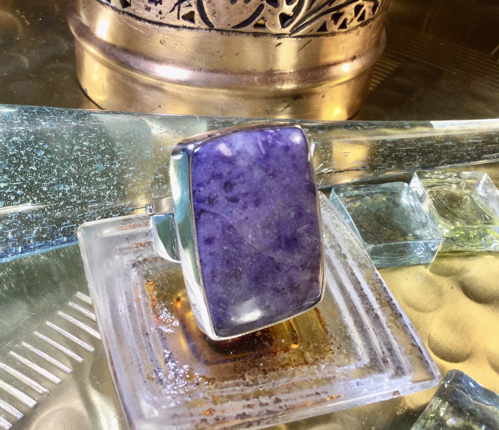 Genuine 925 Sterling Silver Large Sugalite Gemstone Adjustable Ring Size 9