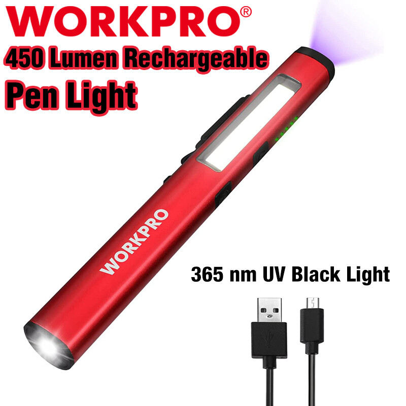 WORKPRO USB Rechargable LED Flashlight UV Black Light 450 Lumen Pocket Pen Light