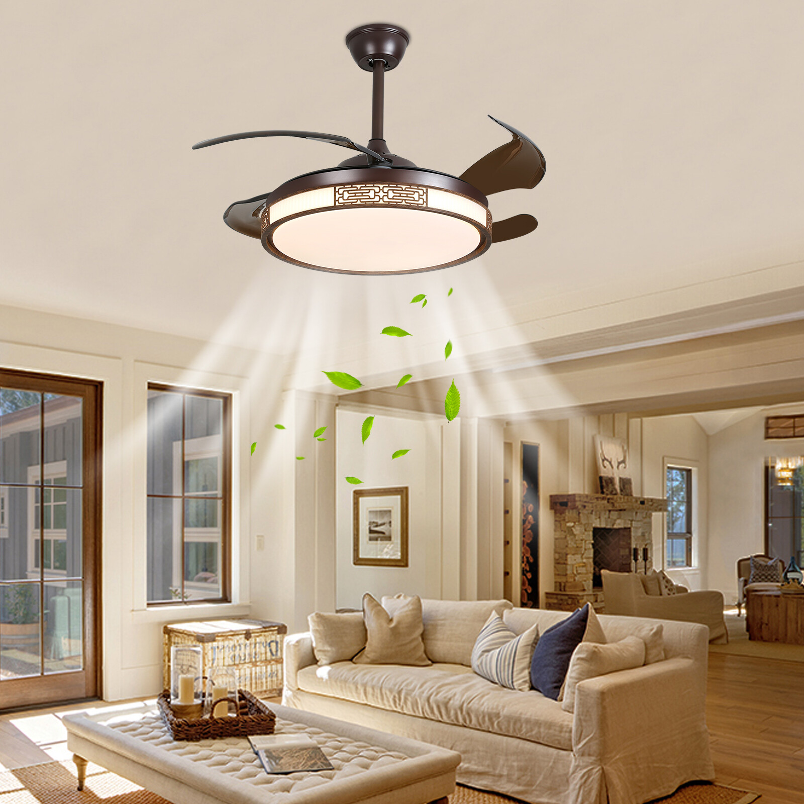 42in LED Chandelier Ceiling Fan Light 6-Speed 4 Blades with Remote Control