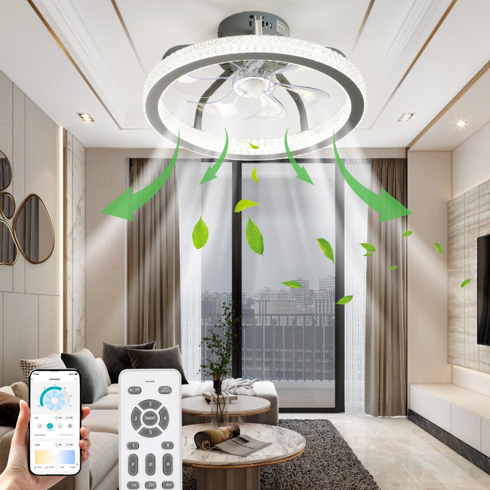 TCFUNDY RGB LED Ceiling Fan with Light App + Remote Control + Bluetooth Speaker