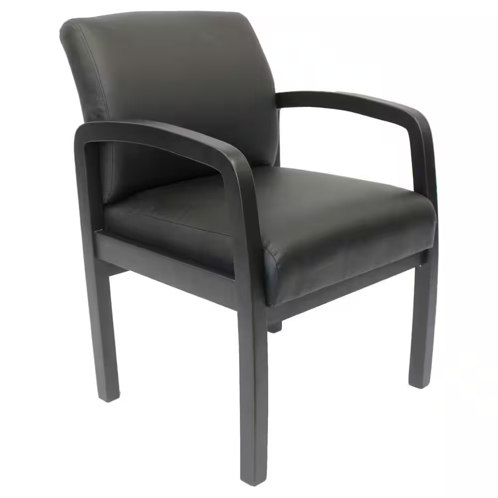 Designer Guest Chair. Black Leather Comfort Cushions. Black Wood Frame. No Tool