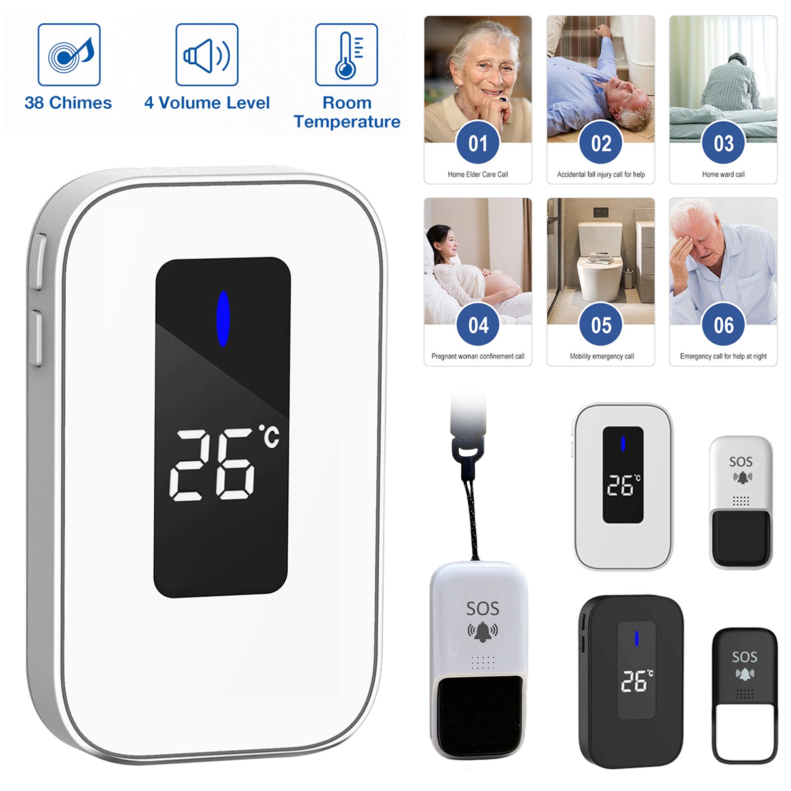 Wireless Doorbell Chime Plugin Receiver 150M Adjustable Volume Temperature White