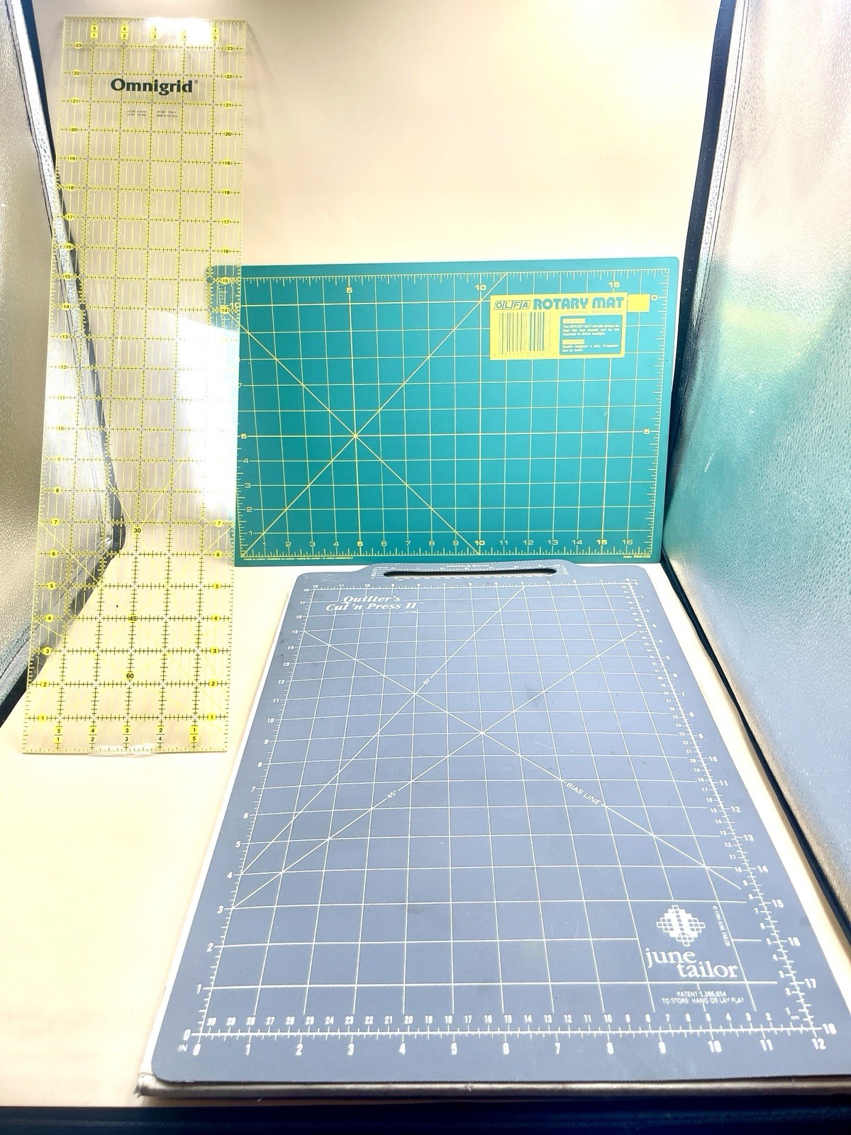 June Tailor Cut N Press II, OLFA Rotary Cutting Mat, Omnigrid Quilting Ruler Lot