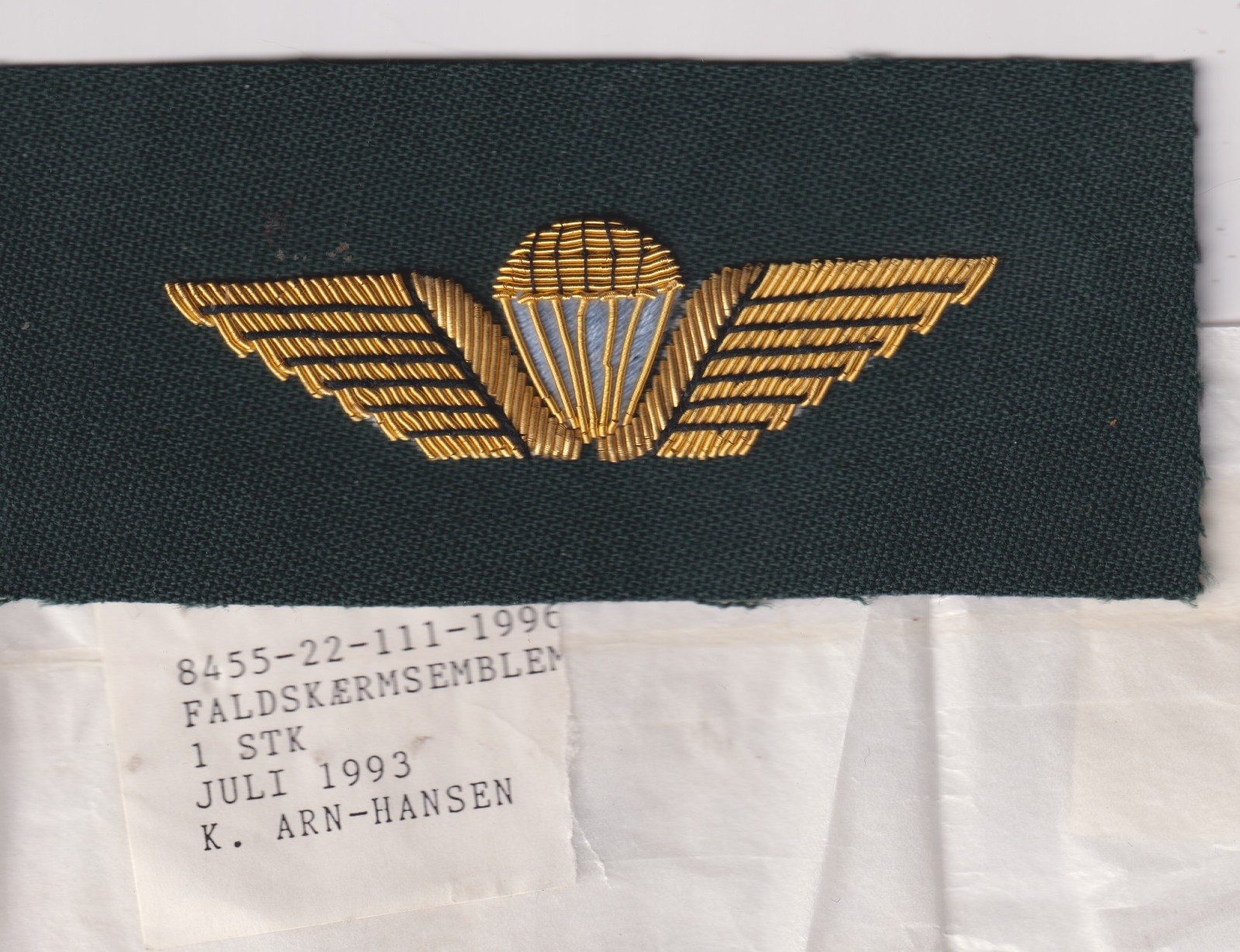 Danish Parachute Wings airborne badge brevet gold bullion on green cloth unissue