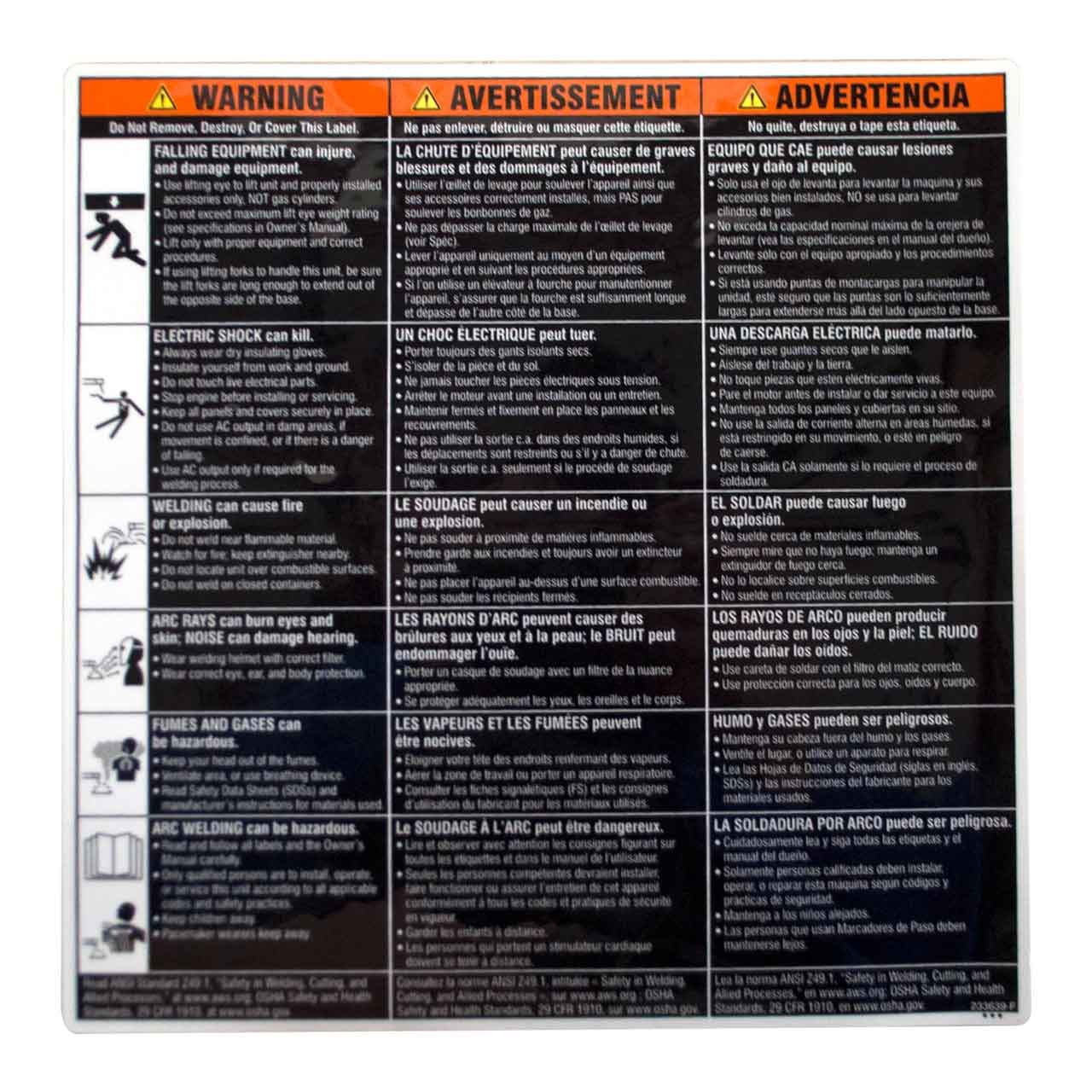 Miller 233639 Label Warning General Precautionary CSA Bilingual