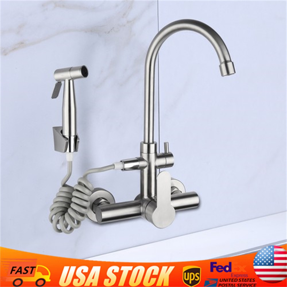 Stainless Steel Commercial Sink Faucet Wall Mount 360°Rotation Kitchen Faucet US