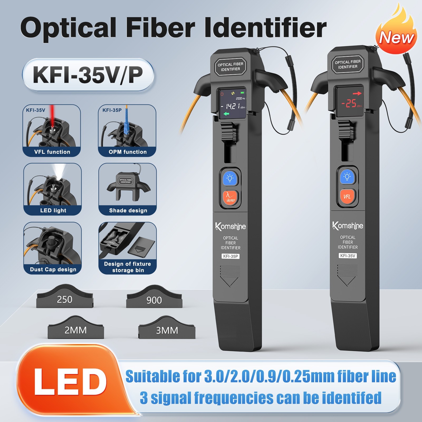 Komshine Metal Fiber Identifier KFI-35V w/VFL,KFI-35P w/OPM Built-in LED Light
