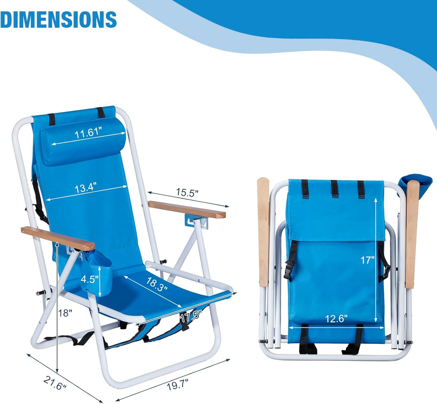 Folding Beach Chair Adjustable Headrest 4Flexible Tilt Angle Cup Holder Portable