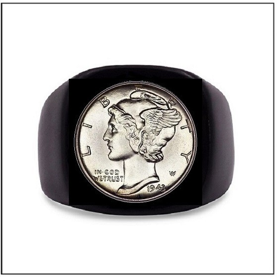 MERCURY DIME Mens Ring - Authentic Silver US Coin - Black Stainless - SIZE 11