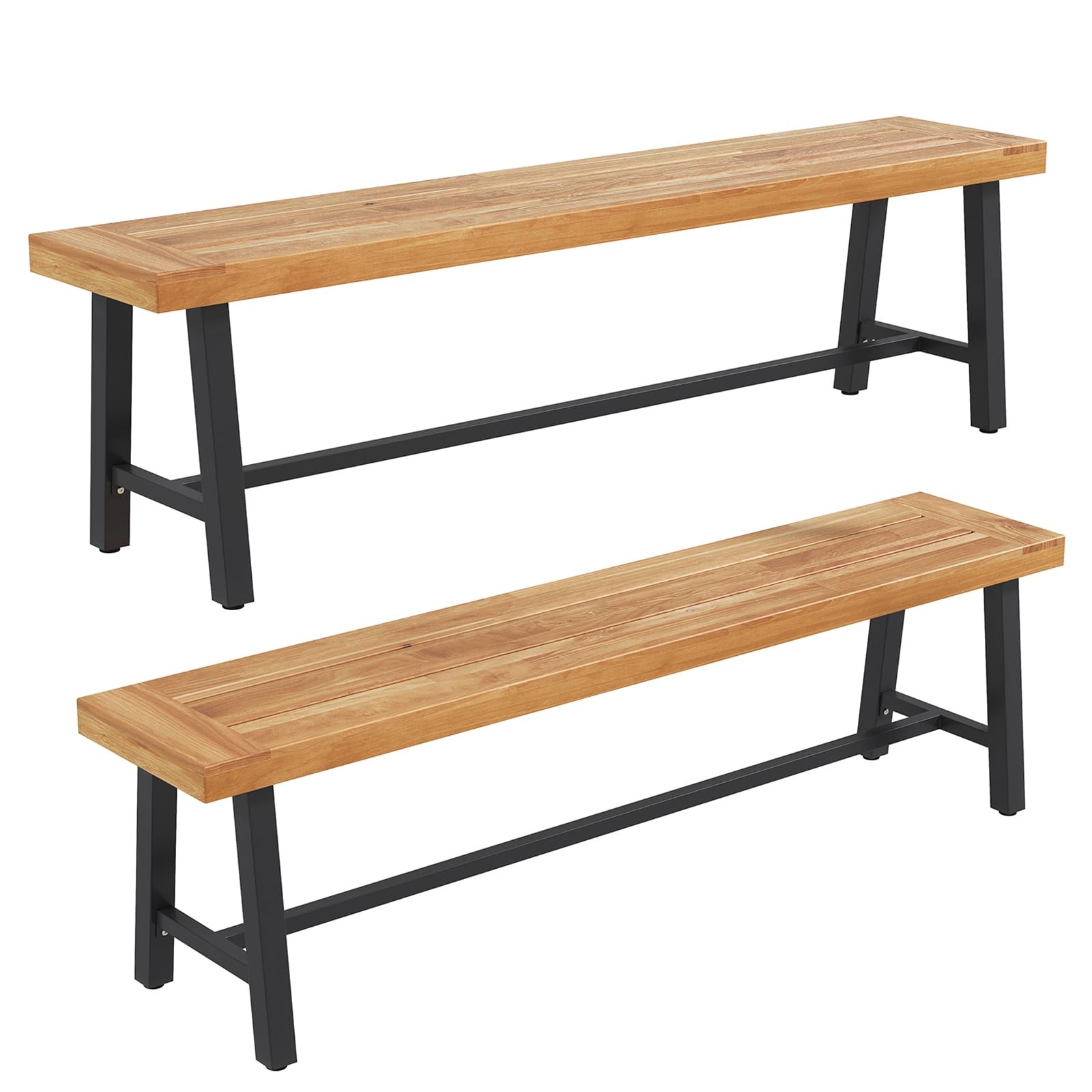 Outdoor Bench Set of 2 63in Backless Acacia Wood with Heavy Duty Metal Legs