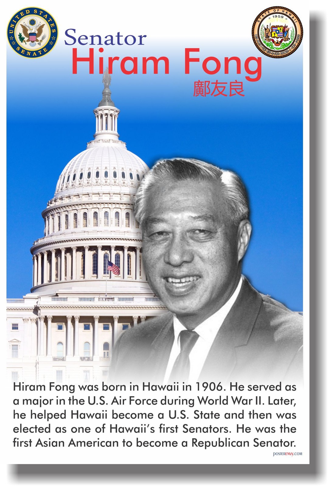Hiram Fong - First Asian American Republican Senator - NEW Famous Person POSTER