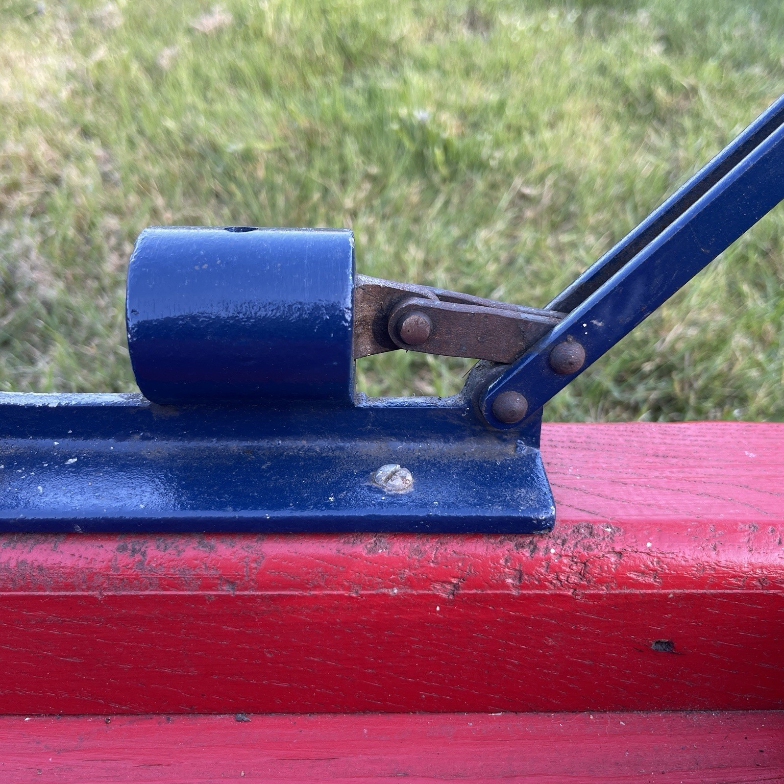 Vintage Red Wood Bench w/ Walnut Nut Cracker Attachment