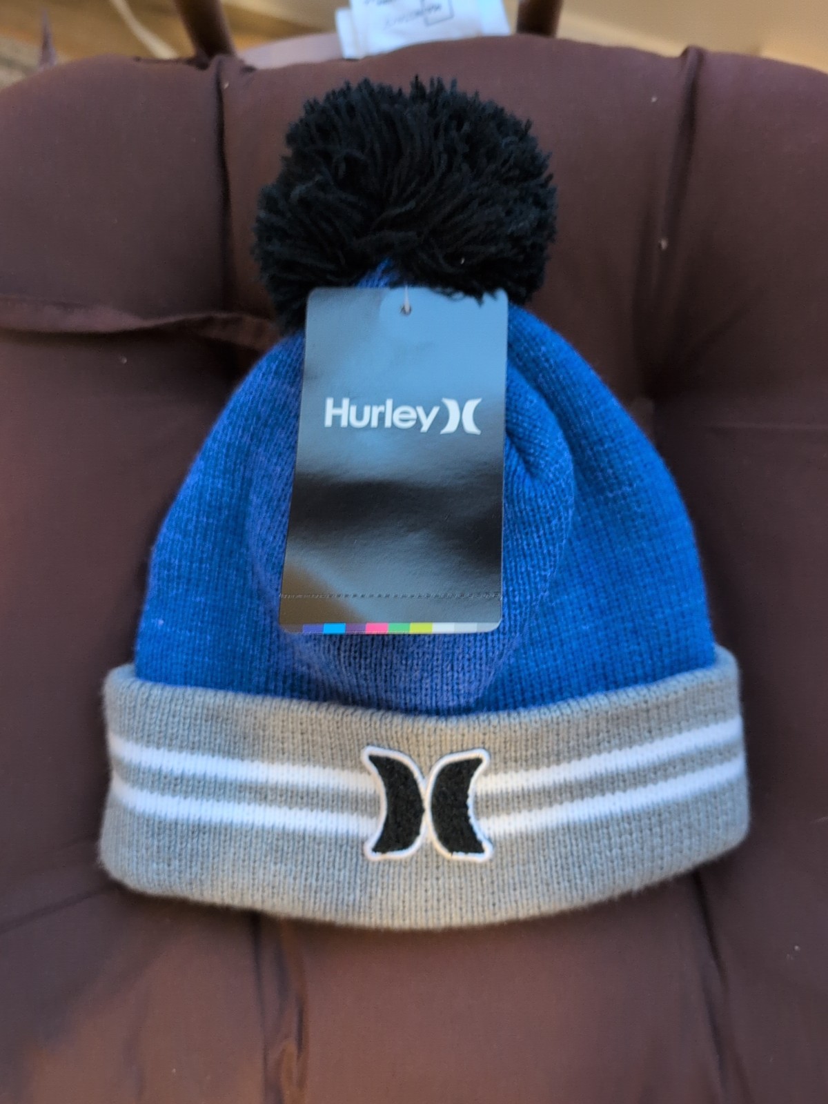 Hurley Blue Gray Knit Cuff Pom Pom Beanie Skull Winter Cap Youth Boy's