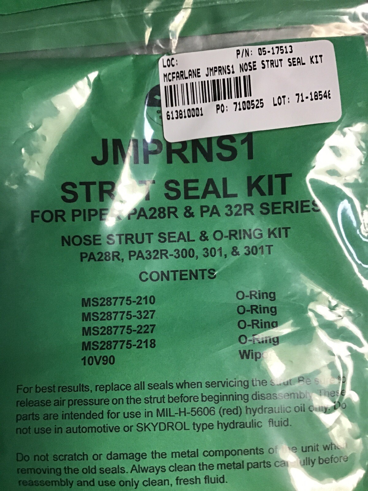 JMPRNS1 for Piper PA 28R & PA 32R 300 301 301T Series Nose Strut Seal O-Ring Kit