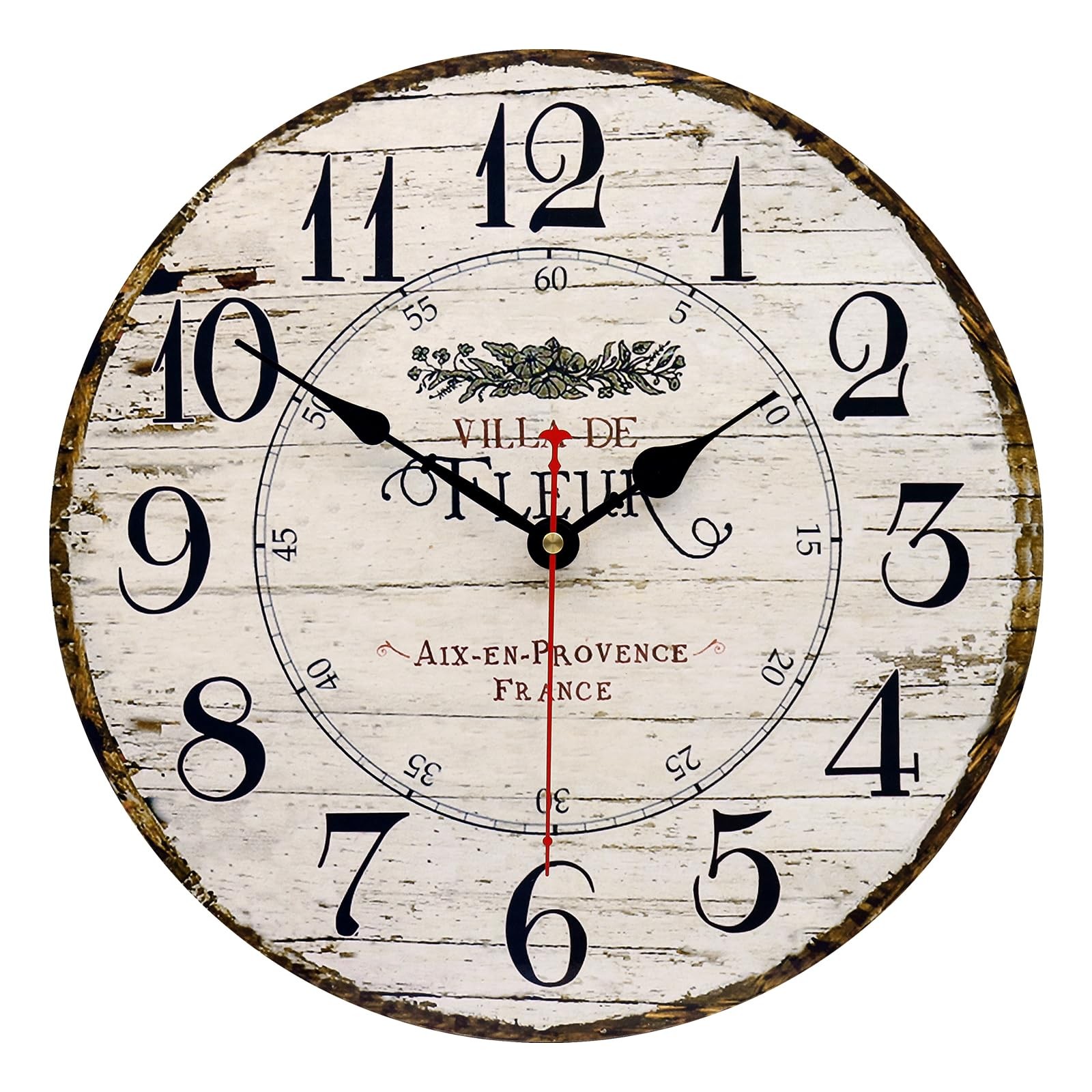 14 Inch Retro Vintage French Country Style Round Wooden Wall Clock Silent Bat...
