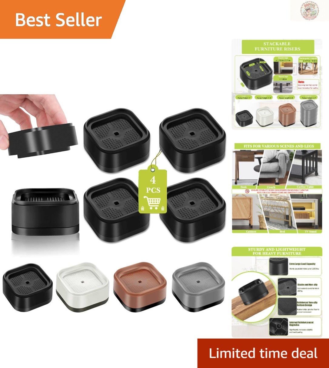 4 Pack Adjustable Furniture Risers - Lift Any Furniture with 1 Inch & More