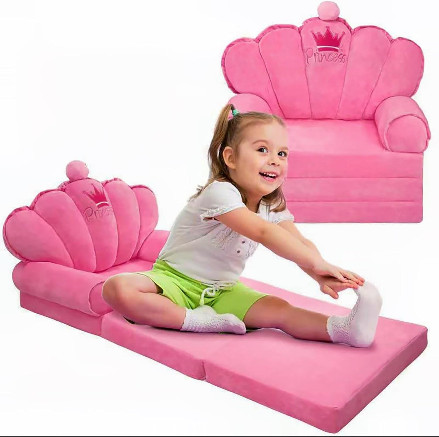 Pink Princess Toddler Couch Fold Out, 2-in-1 Foldable Sofa Bed & Chair for Kids