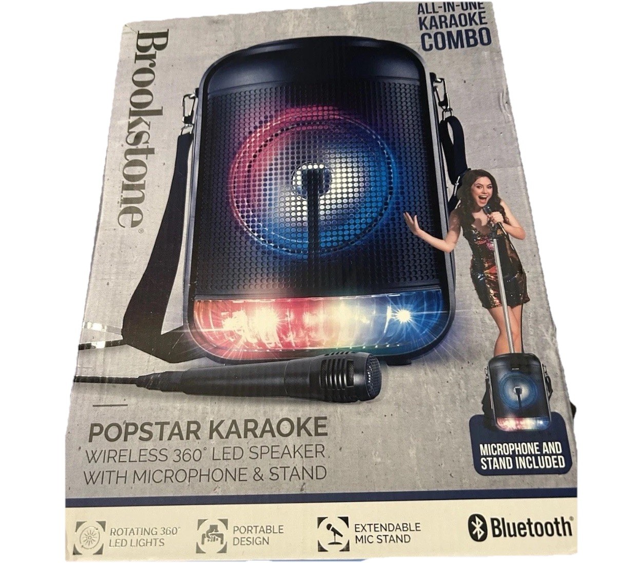 Brookstone All-in-one Karaoke System Bluetooth 360° LED Speaker Mic Stand Black
