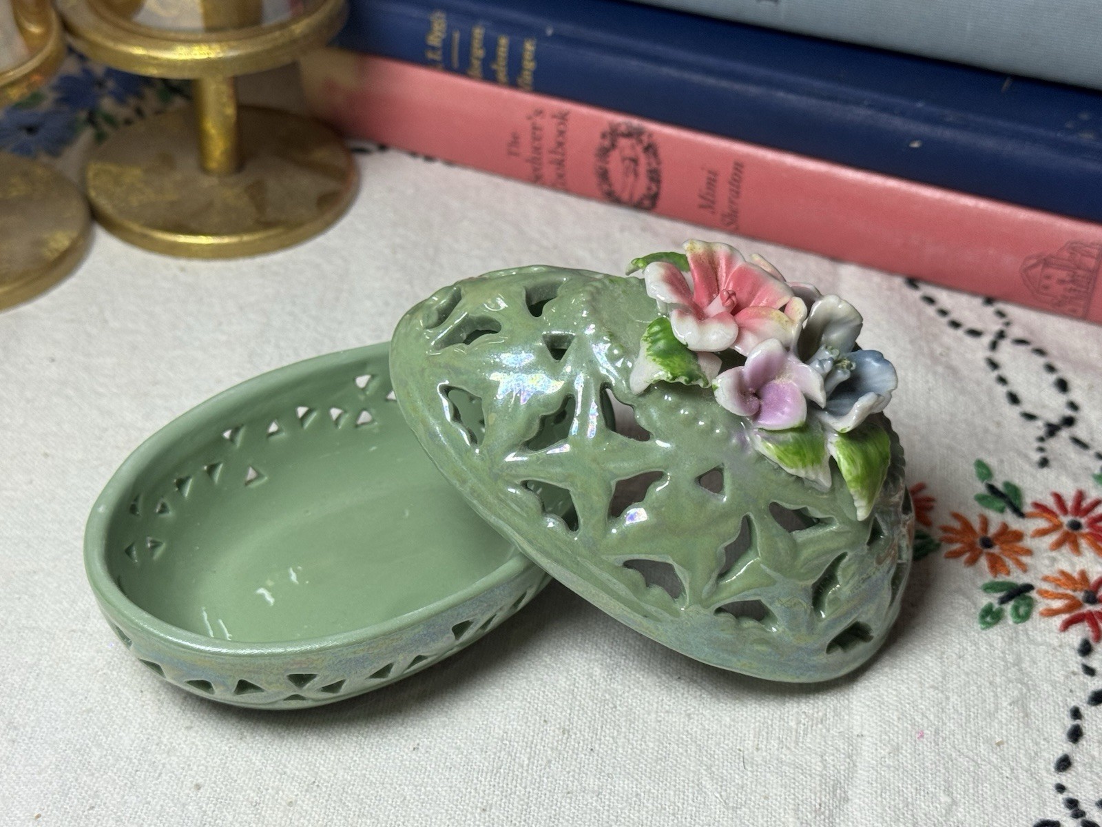 Green Lusterware Floral Easter Egg Shaped Porcelain Trinket Box with Lid