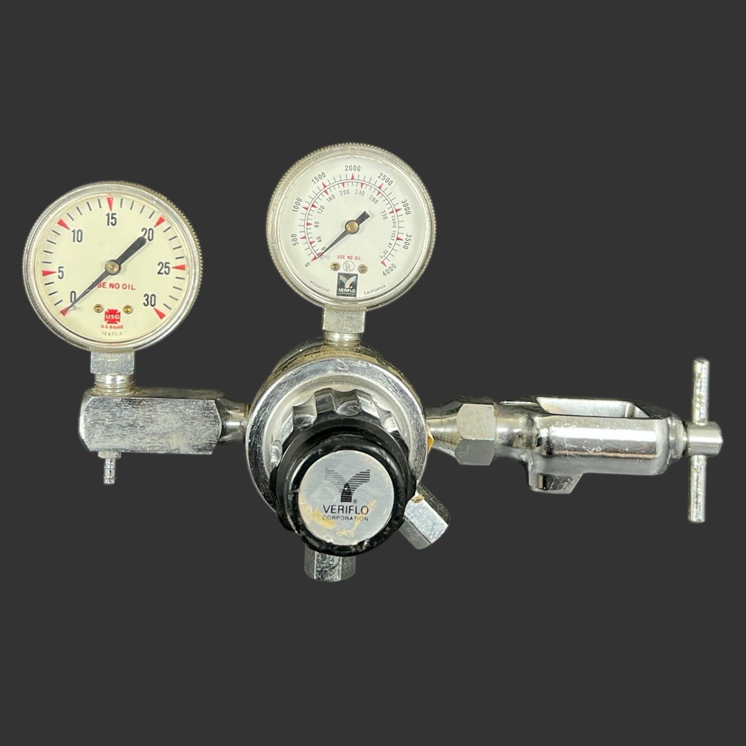 Veriflo Corp.19600521 Gas Regulator w/Veriflo U.S.Guage 32939,12671-1 & Pin Yoke