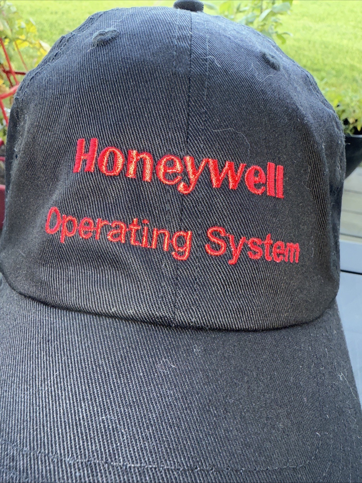 Honeywell Operating System Red Letters on Black Hat Cap Hook Loop South Bend