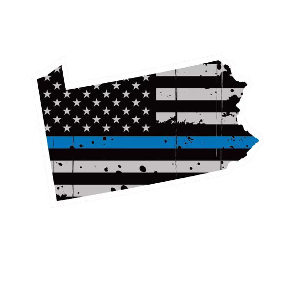 Distressed Thin Blue Line Pennsylvania State Shaped Subdued US Flag Sticker