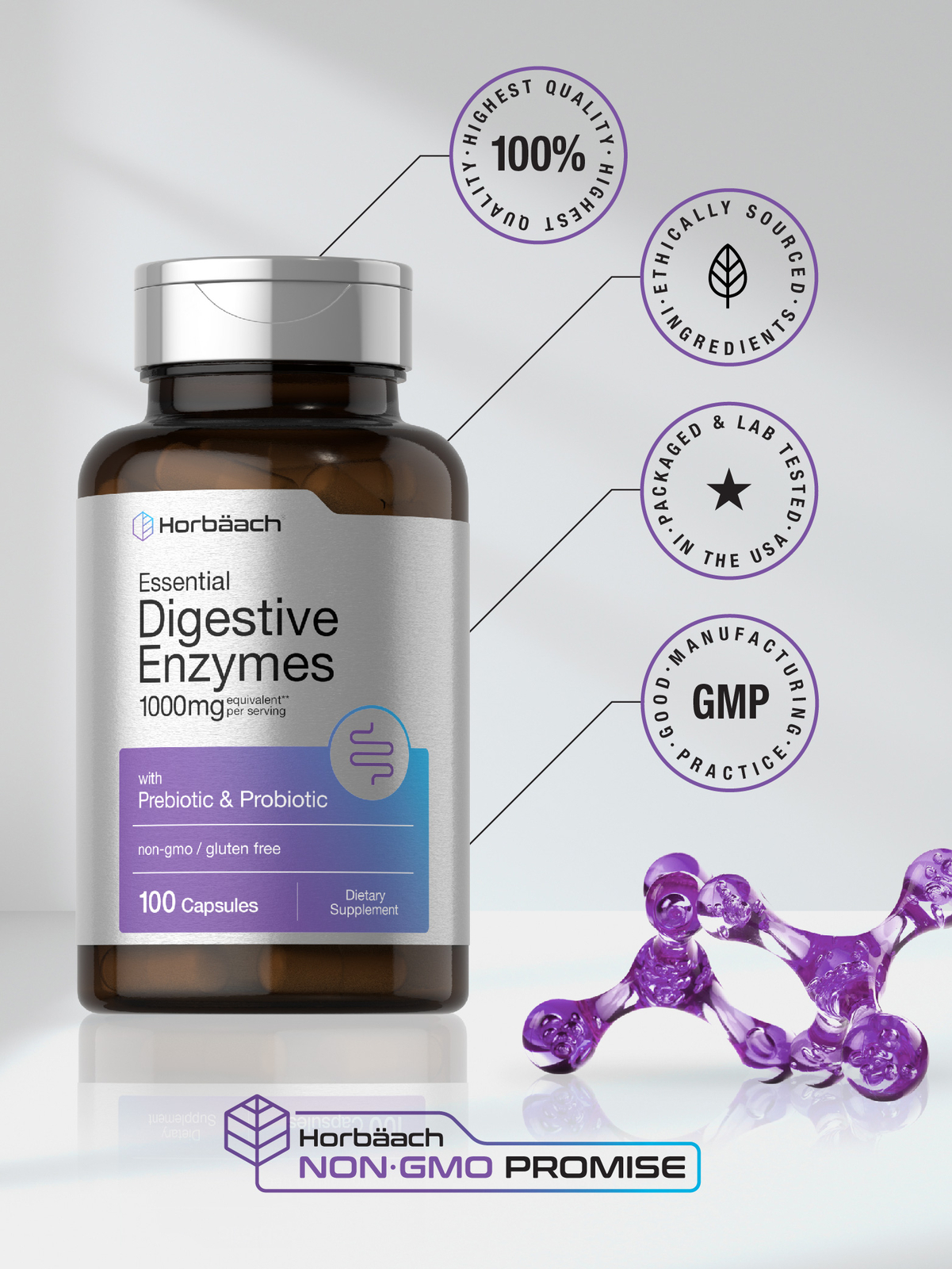 Digestive Enzymes | 100 Capsules | Enzyme Blend | Non-GMO | by Horbaach