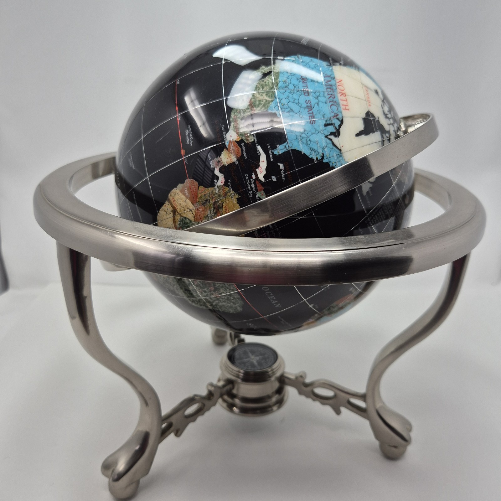 14" Black Ocean Silver 3- Leg Table Stand Gem Gemstone World MAP & Compass Globe