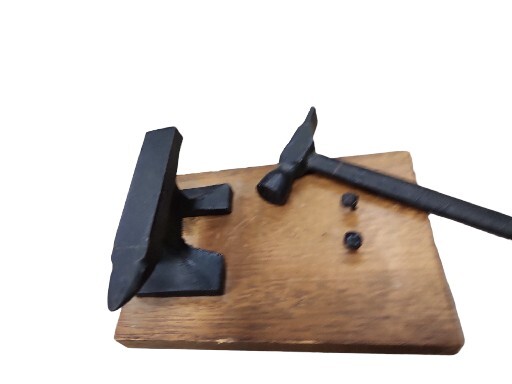 Vintage Cast Iron Anvil and Hammer Wood Plaque Nut Cracker