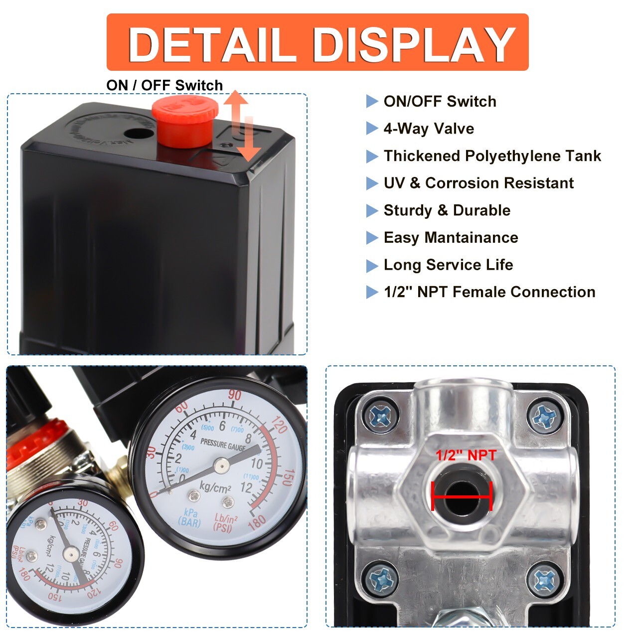 Air Compressor Pressure Switch Control Valve, 90-120PSI Pressure Regulator