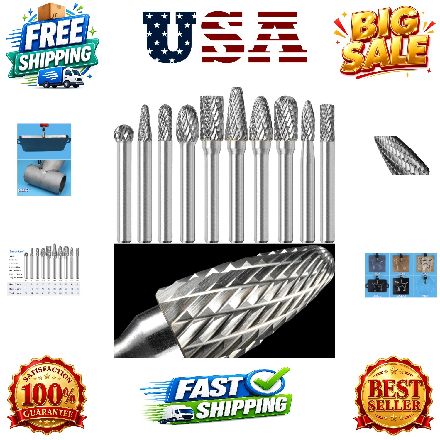 10Pcs Carbide Burr Set 1/4 Shank w/Clear Box Max Head Dia 10mm Die Grinder Bi...