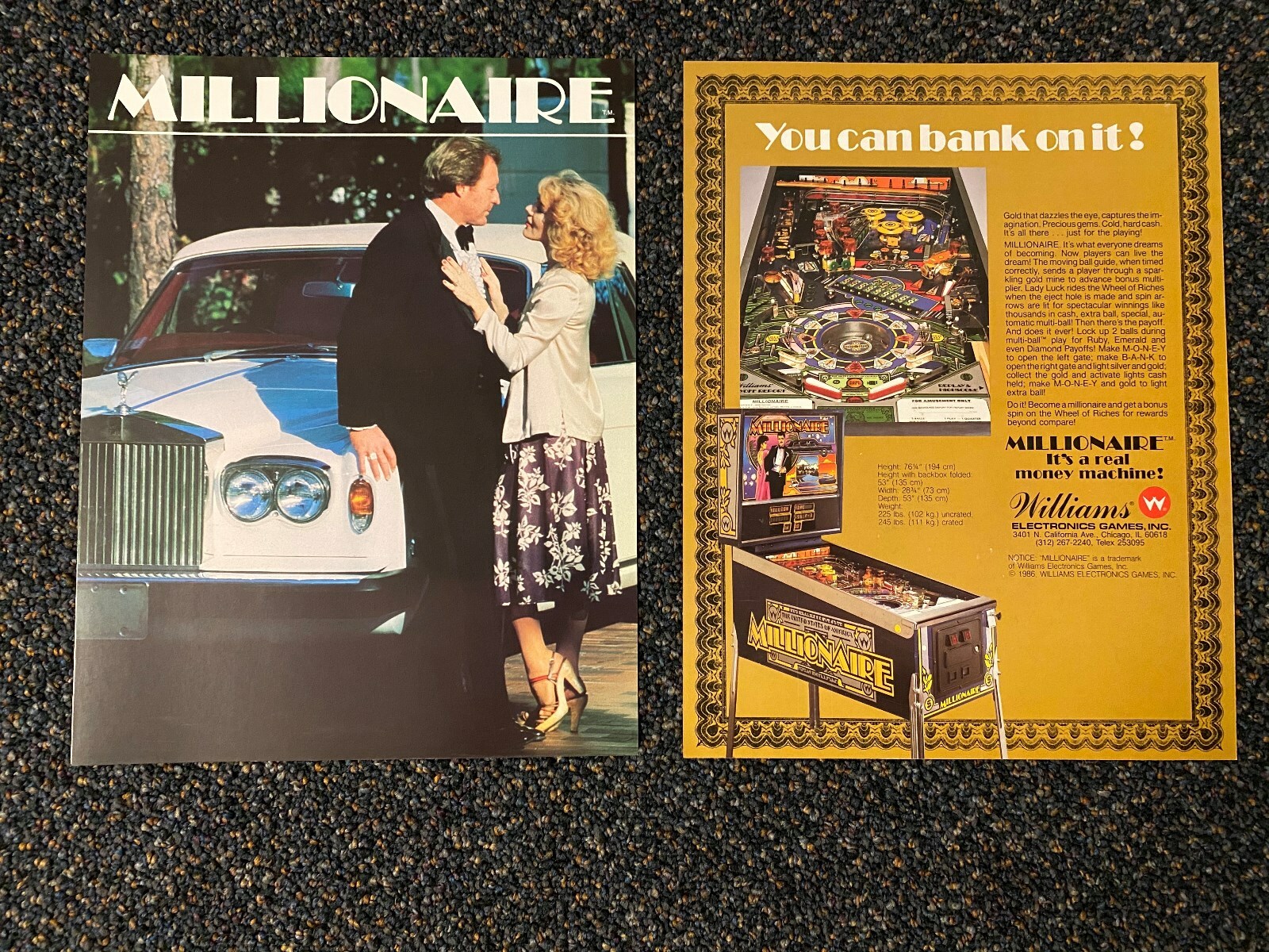 2 1987 WILLIAMS MILLIONAIRE FACTORY ORIGINAL PINBALL FLYERS