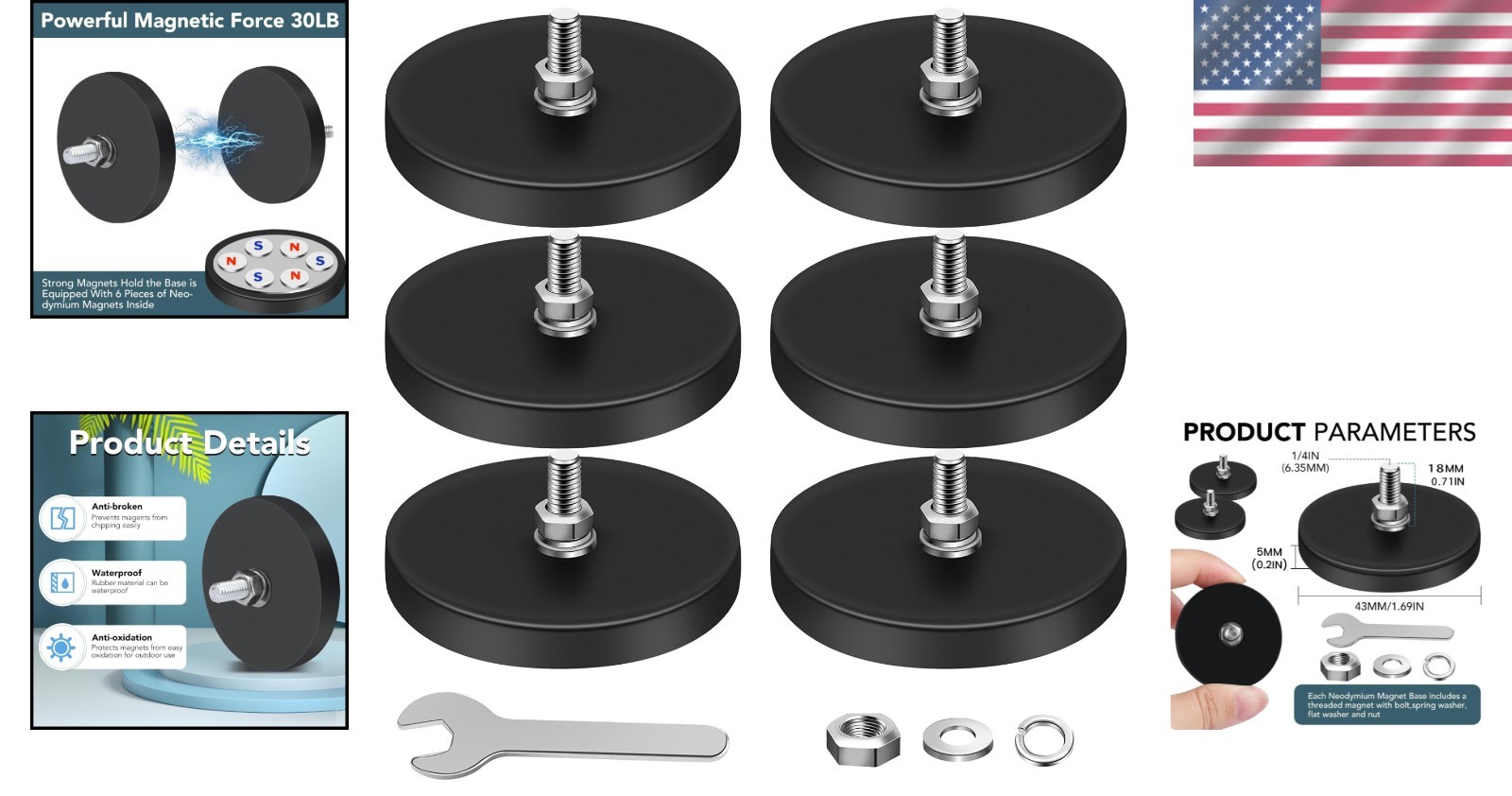 6PCS 1/4" Strong Rubber Coated Magnets - 30lb Pull Force