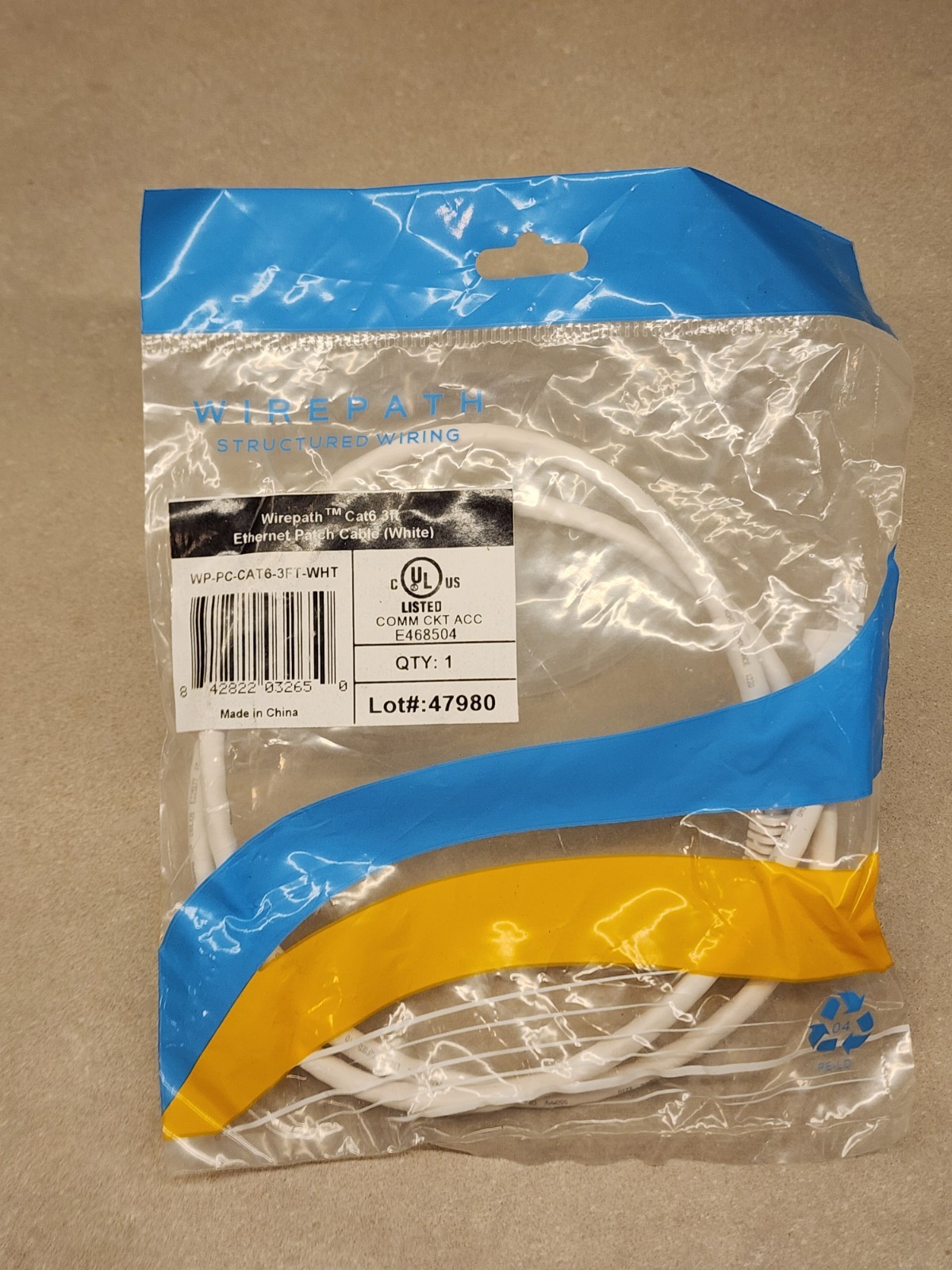Wirepath WP-PC-CAT6-3FT-WHT Cat6 Two Foot Ethernet Patch Cable White NEW Sealed!