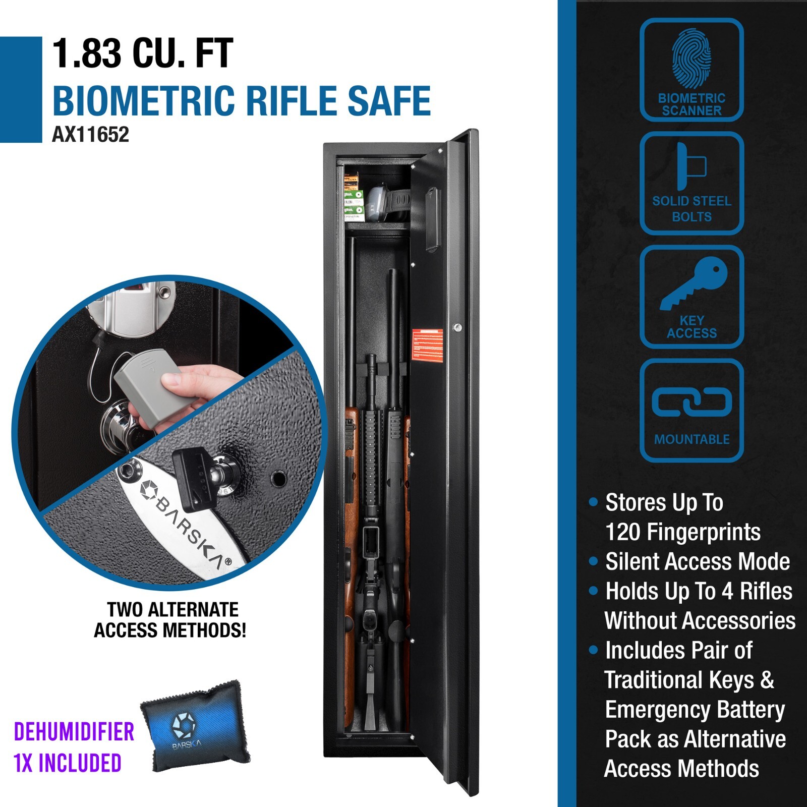 Barska DOJ Approved 1.83 cu ft Biometric Fingerprint 4 Rifle Safe + Dehumidifier