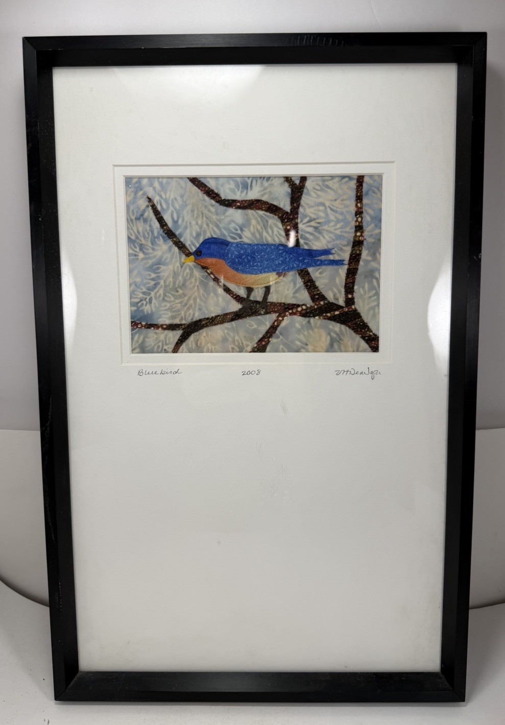 Modern Patchwork Quilted Art Bluebird Vivika Hansen Denegre Signed 16.5”x11”