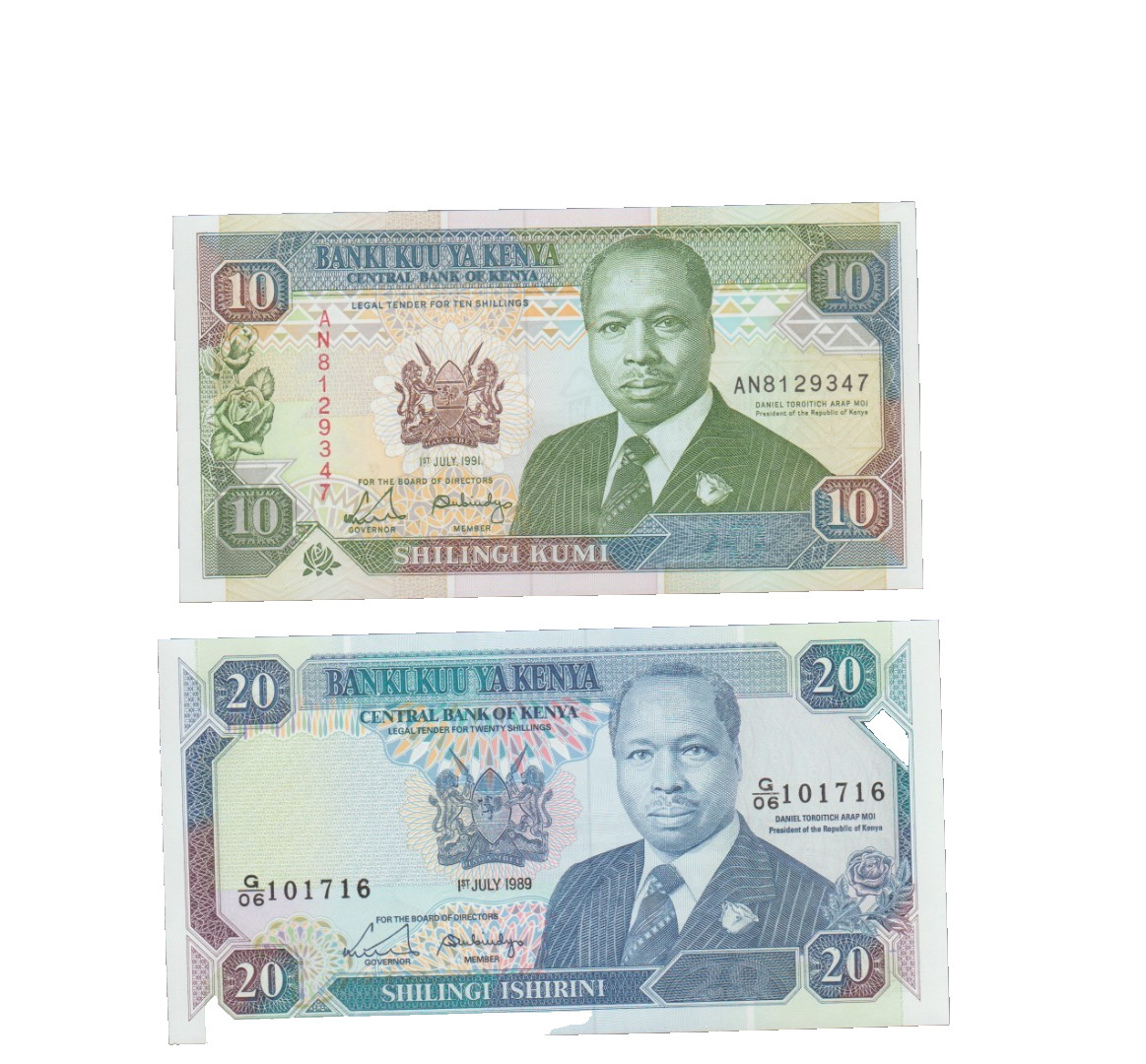 KENYA 1991 AND 1989 10 AND 20 SHILLINGS  BANKNOTES P24c AND P25b UNCIRCULATED