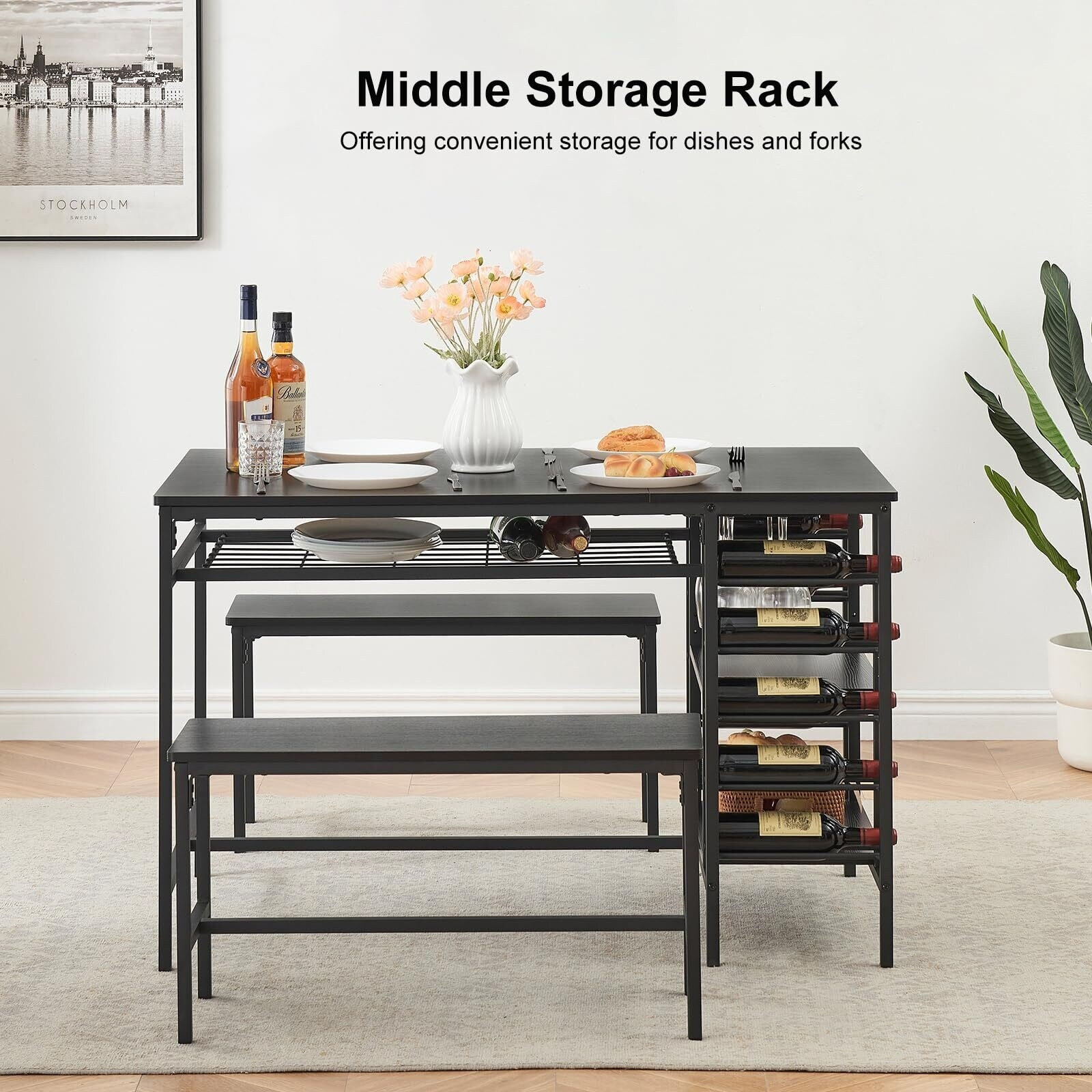 Kitchen Dining Table Set Storage Racks Wine Shelf Space Saving 2 Benches Seats 4