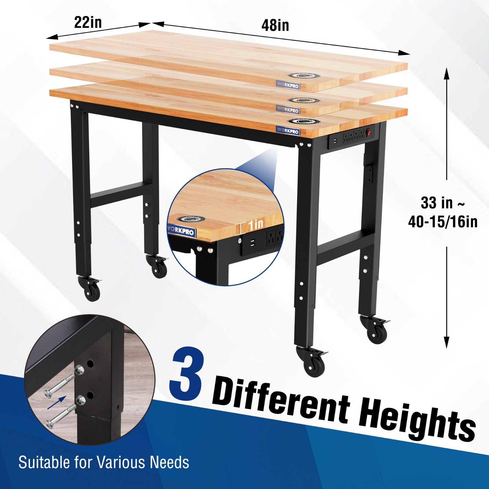 48"X22" Adjustable Workbench with Wheels, Rubber Wood Top Heavy-Duty Workstation