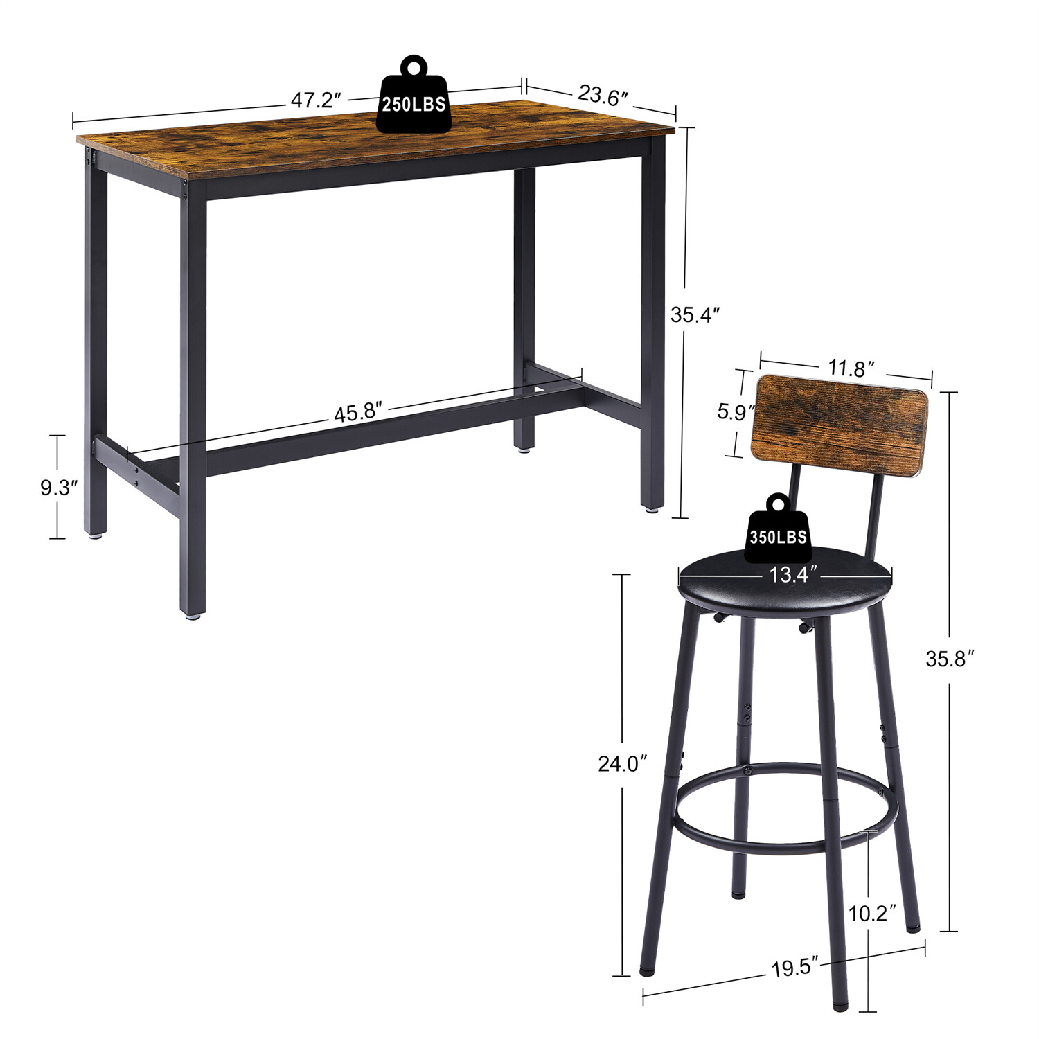 Modern 5 Piece Bar Table Set Counter Height Kitchen Pub Table w/ 4 Bar Stools US