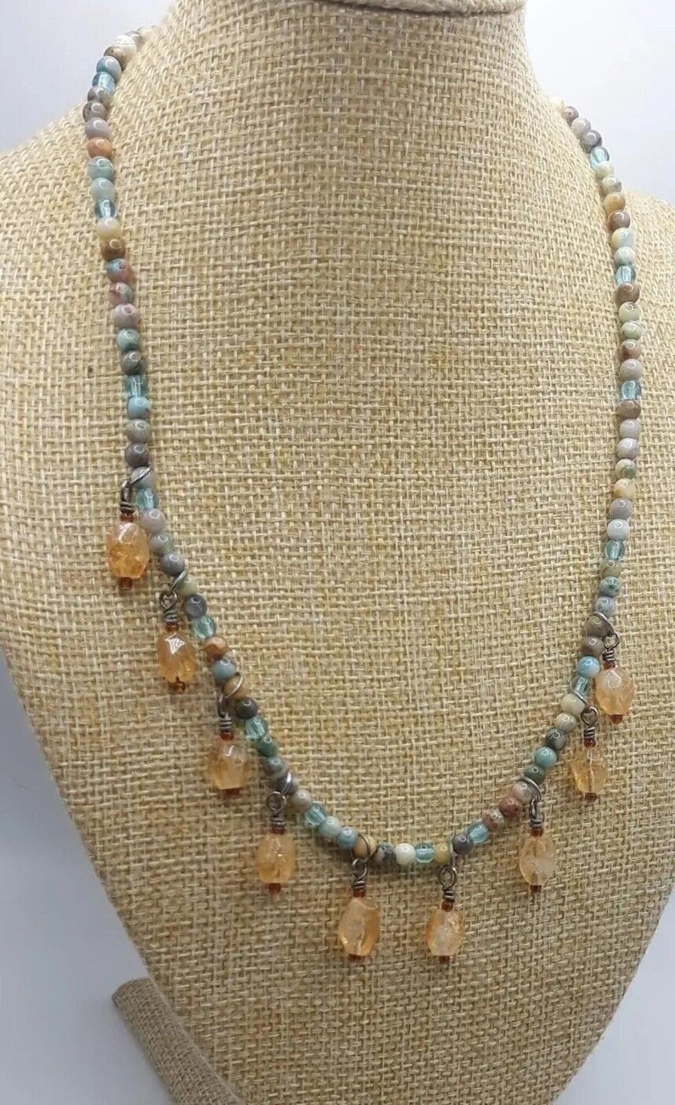 Silver Crystal Glass Citrine Multi Stone Bead Choker Necklace 18"