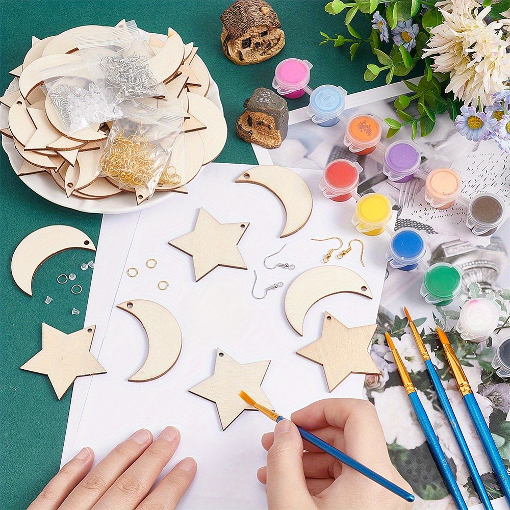 1box Moon & Star Dangle Earring Making Kit Including Brass Earring Hooks Wood