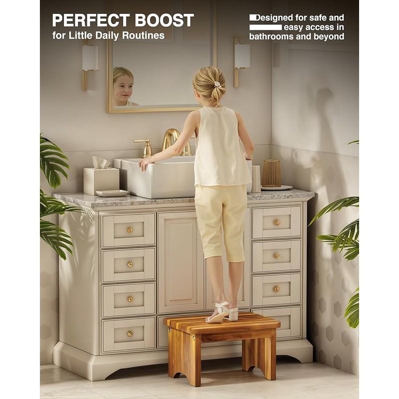 Wooden Step Stool 9 Inch Heavy Duty Non-Slip Portable Acacia Storage Step Stool
