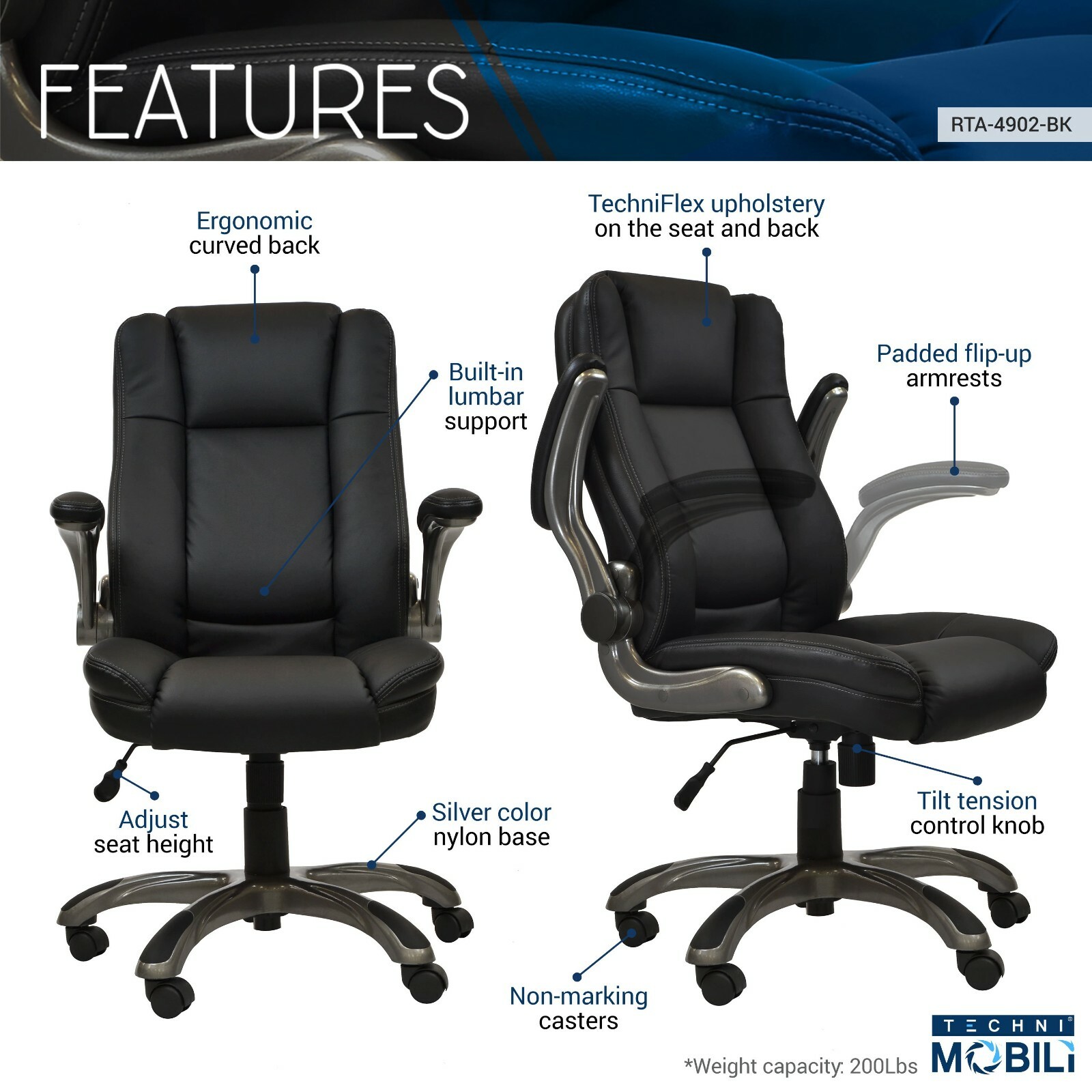 Techni Mobili Medium Back Office Task Chair w/ Flip-up Armrest & Hight Adjustmen