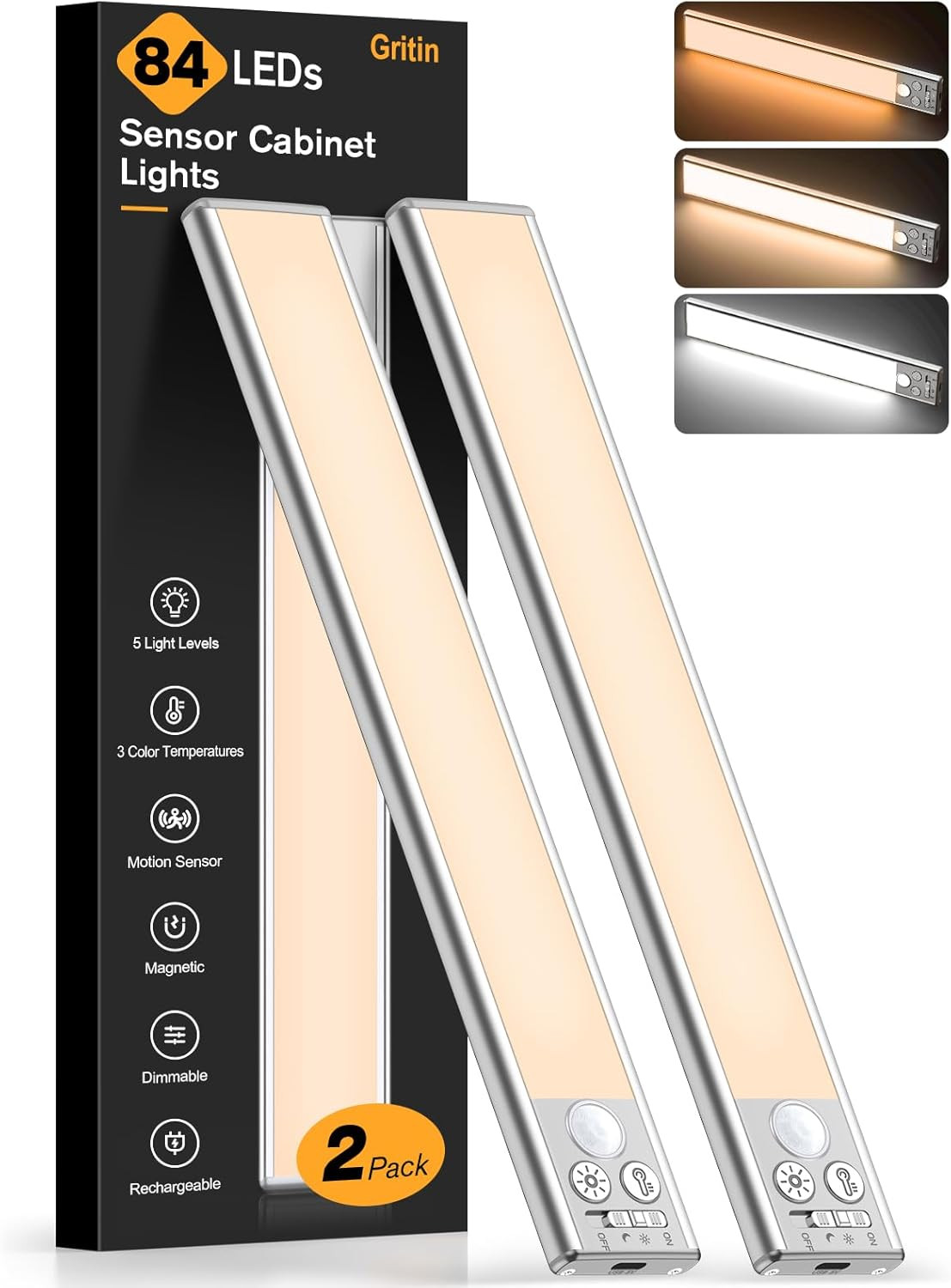 10.2Inch under Cabinet Lighting Rechargeable 2 Pack- 3 Color Temps&5 Level Brigh