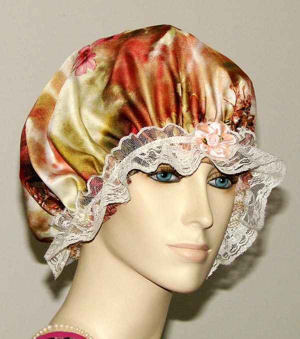 Hair Bonnet Multi-Color Floral Satin w/ Natural Lace or Night Cap - Adult Size