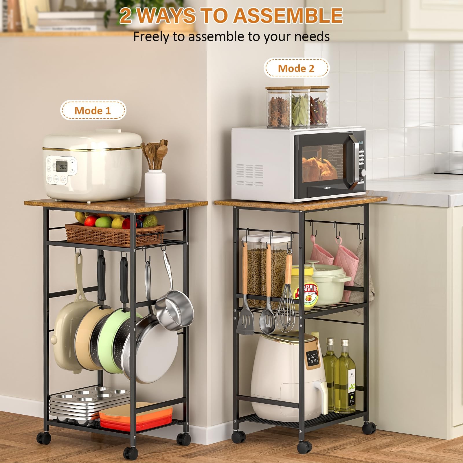 Rolling Kitchen Microwave Cart 3 Tier Table Stand Adjustable Shelf Organizer
