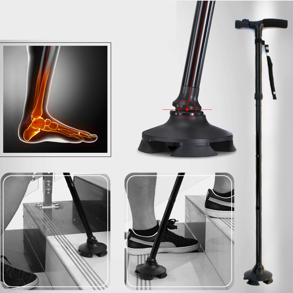 LED Walking Stick Travel Terrain Pivoting Base Elder Adjustable Folding Cane